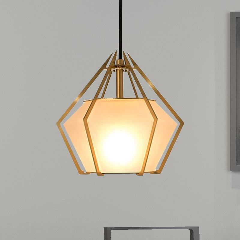 Diamond Pendant Lighting Modern Glass 1 Light Green/Clear/Textured White Hanging Pendant Light with Stout/Linear/Bell Metal Cage Textured White C Clearhalo 'Ceiling Lights' 'Glass shade' 'Glass' 'Modern Pendants' 'Modern' 'Pendant Lights' 'Pendants' Lighting' 246241