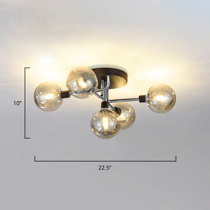 5 Lights Dining Room Ceiling Lamp Postmodern Style Semi Flush Light with Ball Glass Shade Clearhalo 'Ceiling Lights' 'Close To Ceiling Lights' 'Close to ceiling' 'Glass shade' 'Glass' 'Pendant Lights' 'Semi-flushmount' Lighting' 2462415