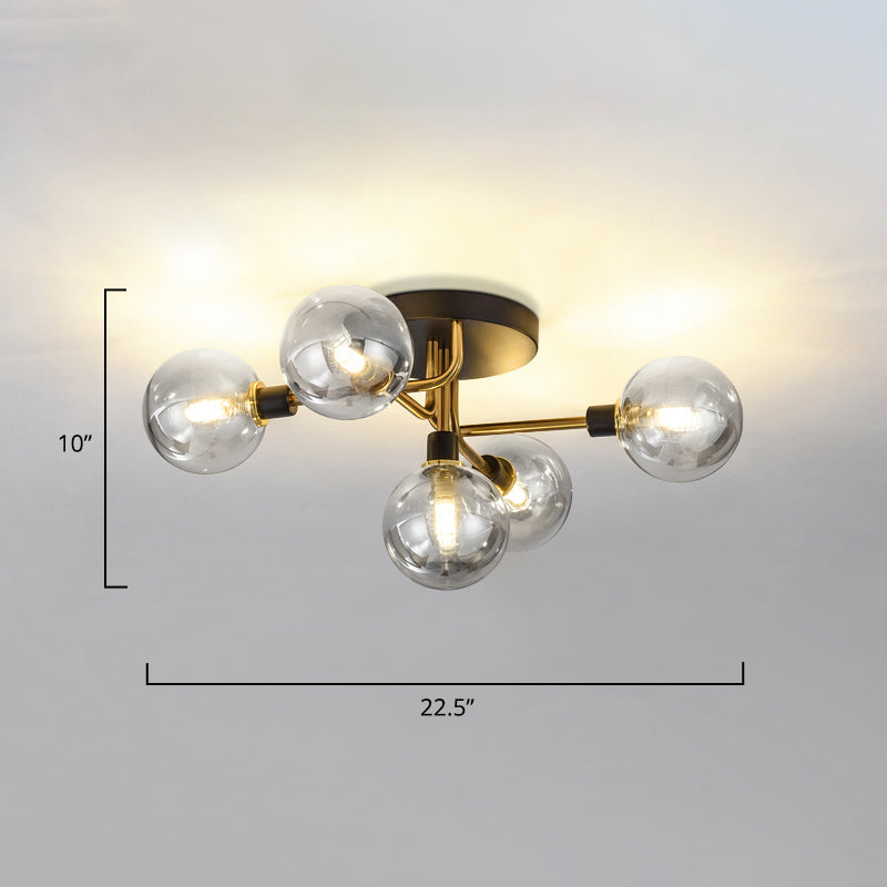 5 Lights Dining Room Ceiling Lamp Postmodern Style Semi Flush Light with Ball Glass Shade Clearhalo 'Ceiling Lights' 'Close To Ceiling Lights' 'Close to ceiling' 'Glass shade' 'Glass' 'Pendant Lights' 'Semi-flushmount' Lighting' 2462417