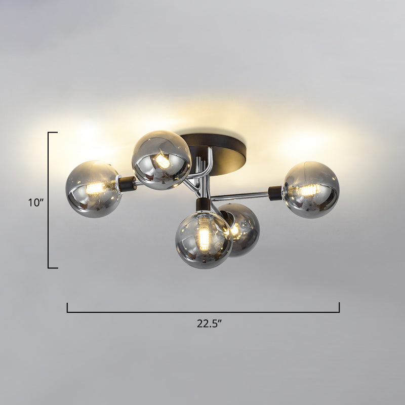 5 Lights Dining Room Ceiling Lamp Postmodern Style Semi Flush Light with Ball Glass Shade Clearhalo 'Ceiling Lights' 'Close To Ceiling Lights' 'Close to ceiling' 'Glass shade' 'Glass' 'Pendant Lights' 'Semi-flushmount' Lighting' 2462418