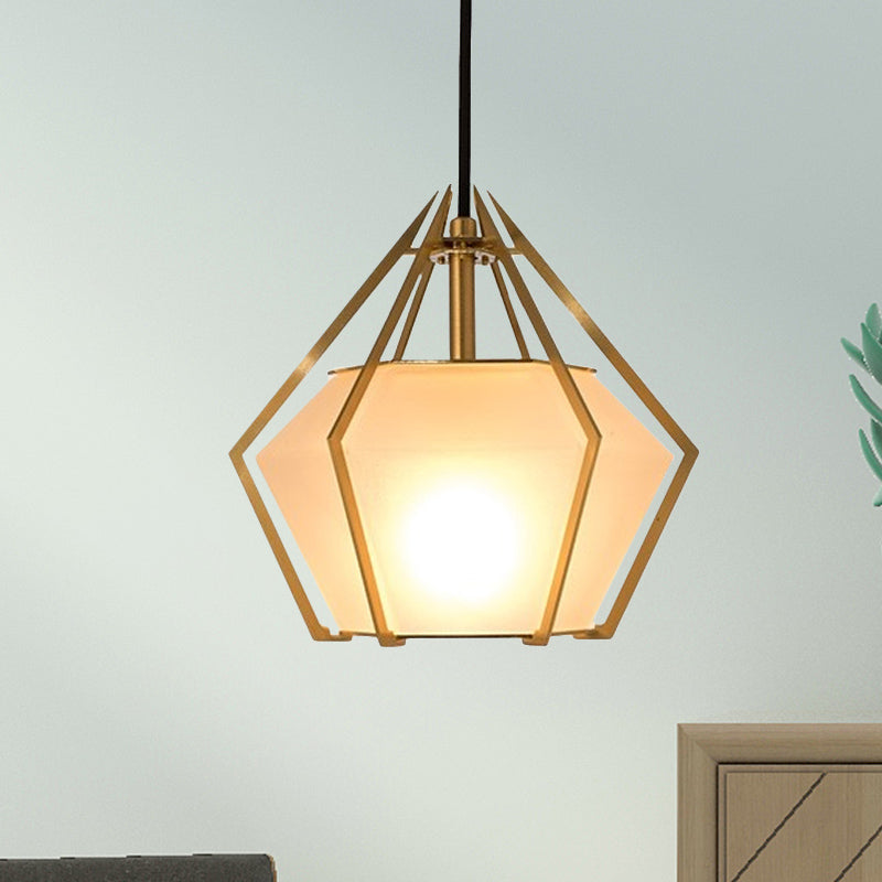 Diamond Pendant Lighting Modern Glass 1 Light Green/Clear/Textured White Hanging Pendant Light with Stout/Linear/Bell Metal Cage Clearhalo 'Ceiling Lights' 'Glass shade' 'Glass' 'Modern Pendants' 'Modern' 'Pendant Lights' 'Pendants' Lighting' 246242