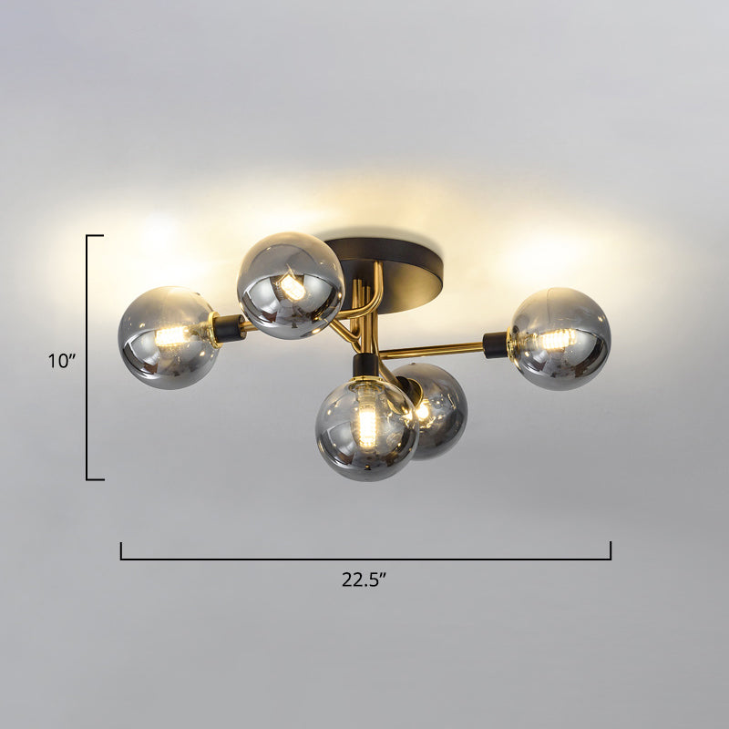 5 Lights Dining Room Ceiling Lamp Postmodern Style Semi Flush Light with Ball Glass Shade Clearhalo 'Ceiling Lights' 'Close To Ceiling Lights' 'Close to ceiling' 'Glass shade' 'Glass' 'Pendant Lights' 'Semi-flushmount' Lighting' 2462420