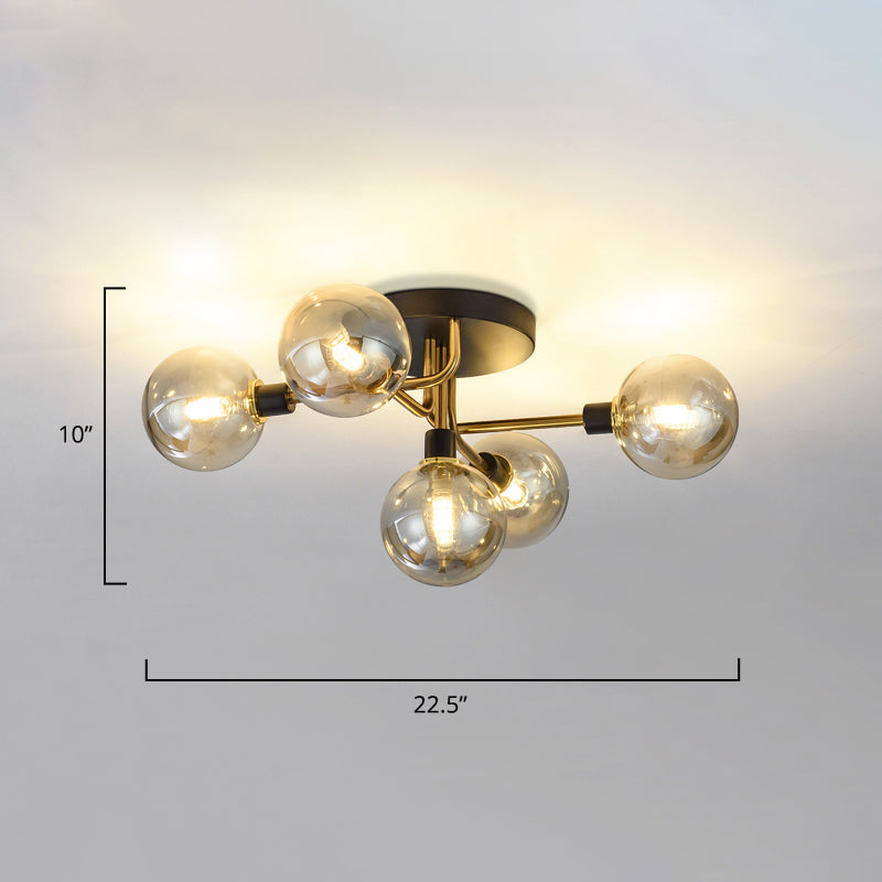 5 Lights Dining Room Ceiling Lamp Postmodern Style Semi Flush Light with Ball Glass Shade Clearhalo 'Ceiling Lights' 'Close To Ceiling Lights' 'Close to ceiling' 'Glass shade' 'Glass' 'Pendant Lights' 'Semi-flushmount' Lighting' 2462421