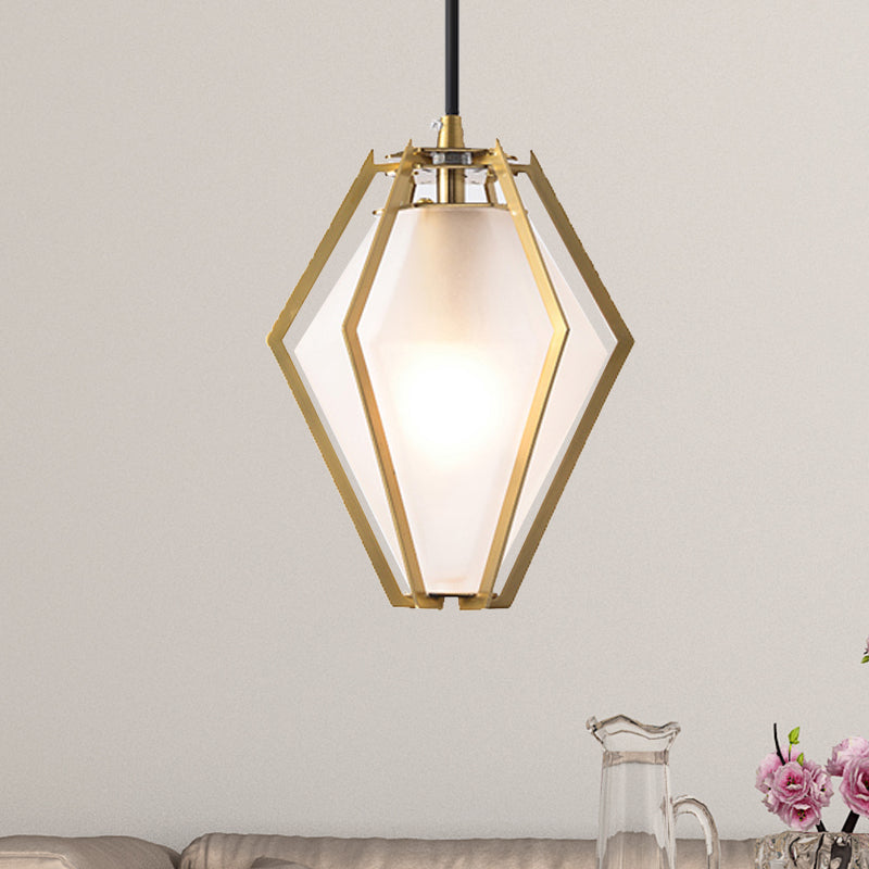 Diamond Pendant Lighting Modern Glass 1 Light Green/Clear/Textured White Hanging Pendant Light with Stout/Linear/Bell Metal Cage Textured White B Clearhalo 'Ceiling Lights' 'Glass shade' 'Glass' 'Modern Pendants' 'Modern' 'Pendant Lights' 'Pendants' Lighting' 246243