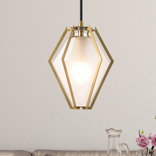 Diamond Pendant Lighting Modern Glass 1 Light Green/Clear/Textured White Hanging Pendant Light with Stout/Linear/Bell Metal Cage Textured White B Clearhalo 'Ceiling Lights' 'Glass shade' 'Glass' 'Modern Pendants' 'Modern' 'Pendant Lights' 'Pendants' Lighting' 246243