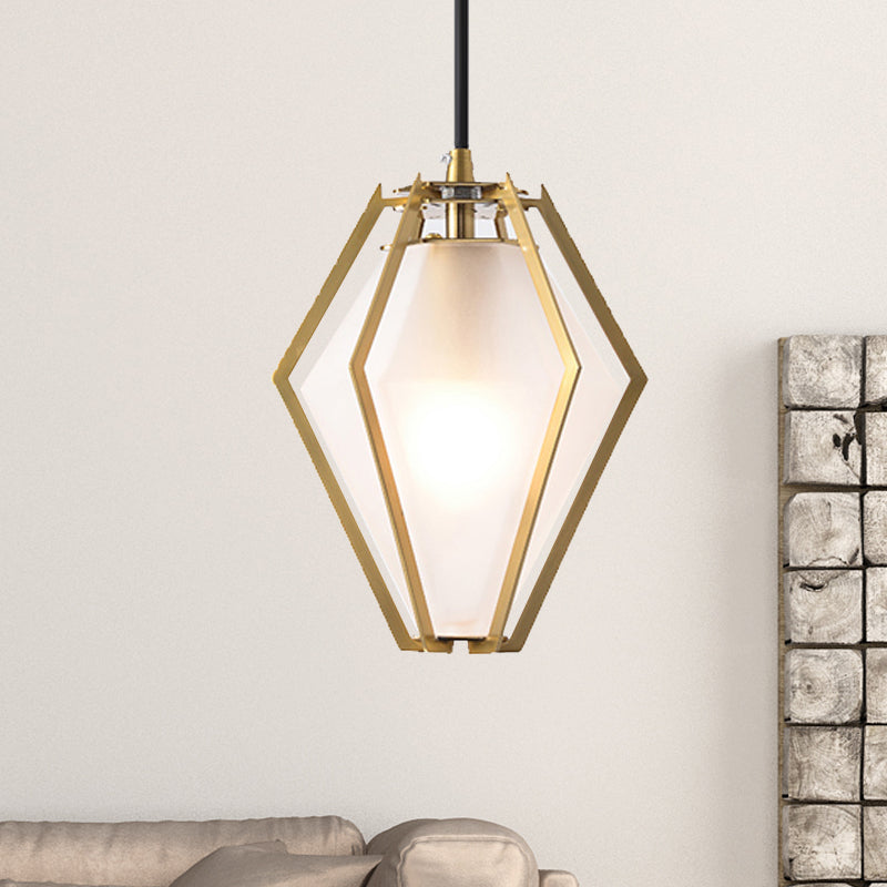 Diamond Pendant Lighting Modern Glass 1 Light Green/Clear/Textured White Hanging Pendant Light with Stout/Linear/Bell Metal Cage Clearhalo 'Ceiling Lights' 'Glass shade' 'Glass' 'Modern Pendants' 'Modern' 'Pendant Lights' 'Pendants' Lighting' 246244