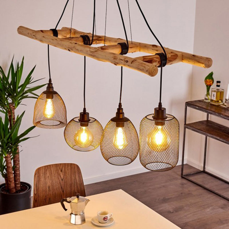 Iron Mesh Style Suspension Lighting Rustic 4-Bulb Dining Room Island Light in Wood Clearhalo 'Ceiling Lights' 'Island Lights' Lighting' 2462521