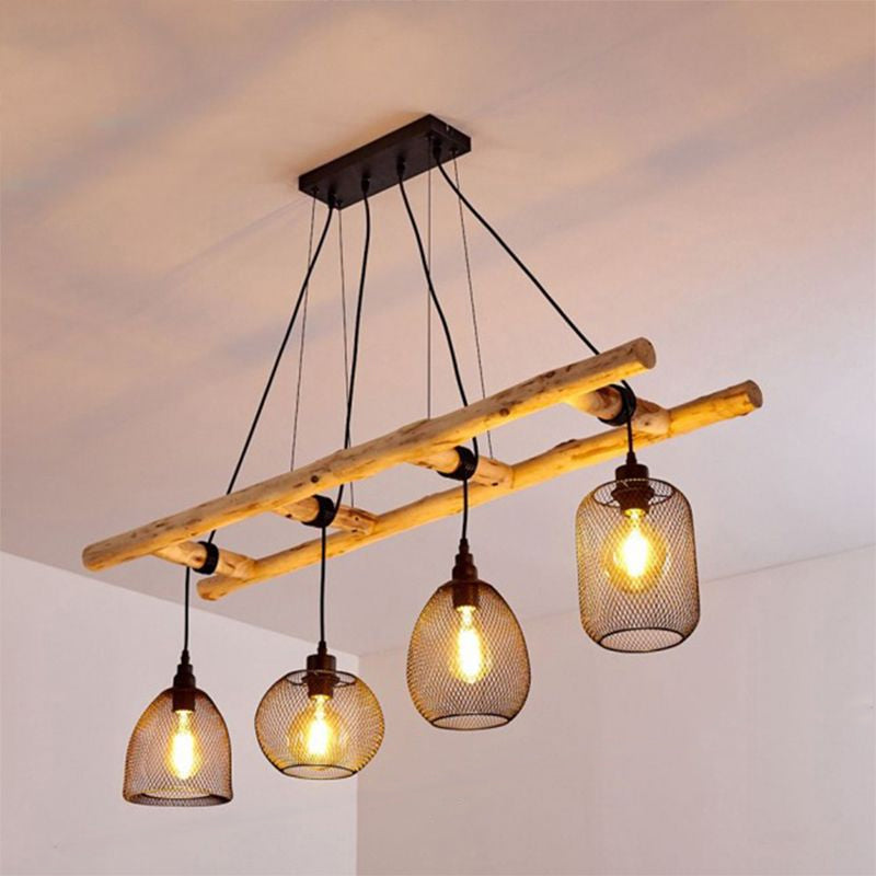 Iron Mesh Style Suspension Lighting Rustic 4-Bulb Dining Room Island Light in Wood Wood Clearhalo 'Ceiling Lights' 'Island Lights' Lighting' 2462522