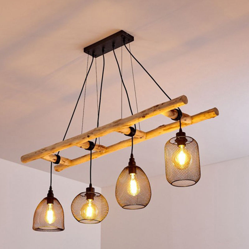 Iron Mesh Style Suspension Lighting Rustic 4-Bulb Dining Room Island Light in Wood Clearhalo 'Ceiling Lights' 'Island Lights' Lighting' 2462524