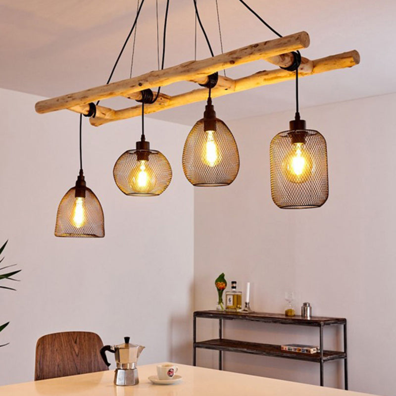 Iron Mesh Style Suspension Lighting Rustic 4-Bulb Dining Room Island Light in Wood Clearhalo 'Ceiling Lights' 'Island Lights' Lighting' 2462525