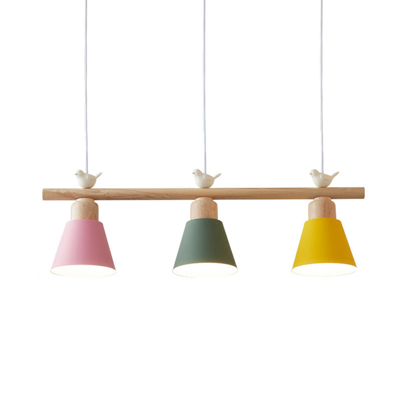 Nordic Shaded Hanging Island Light Metal 3-Head Dining Room Drop Pendant with Bird Decor Pink-Yellow Trumpet Clearhalo 'Ceiling Lights' 'Island Lights' Lighting' 2462534