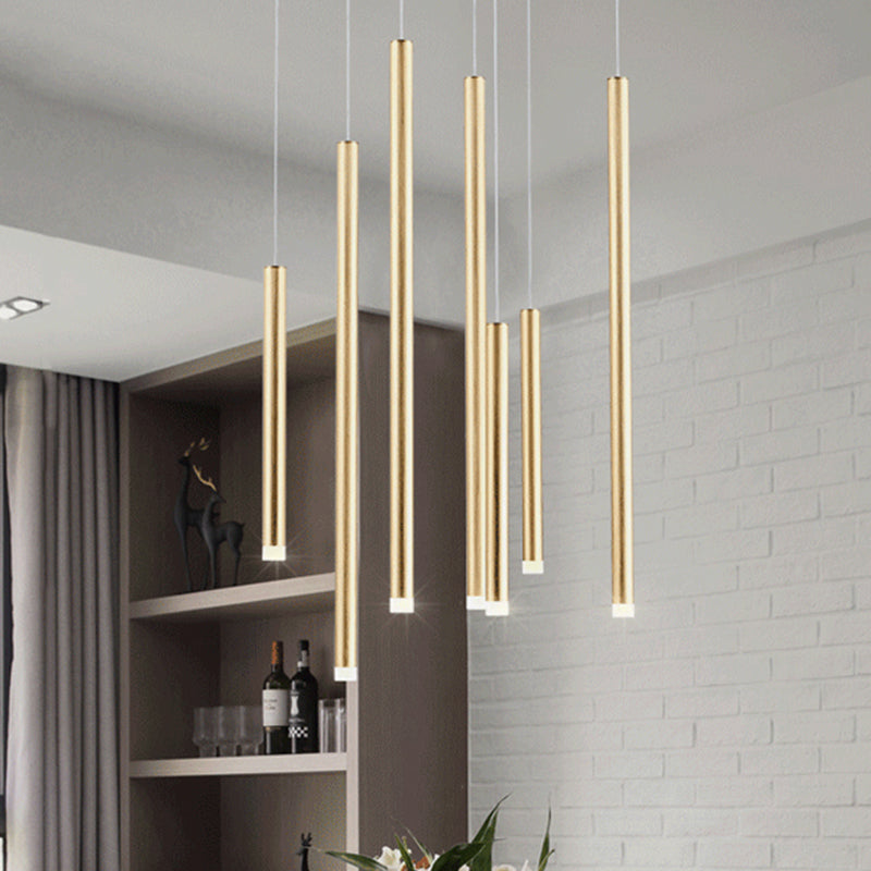 Brown/Gold Slim Pendant Lighting Modern 7 Lights Metal Hanging Light for Dining Room with Adjustable Cord in Warm/White Clearhalo 'Ceiling Lights' 'Modern Pendants' 'Modern' 'Pendant Lights' 'Pendants' Lighting' 246254