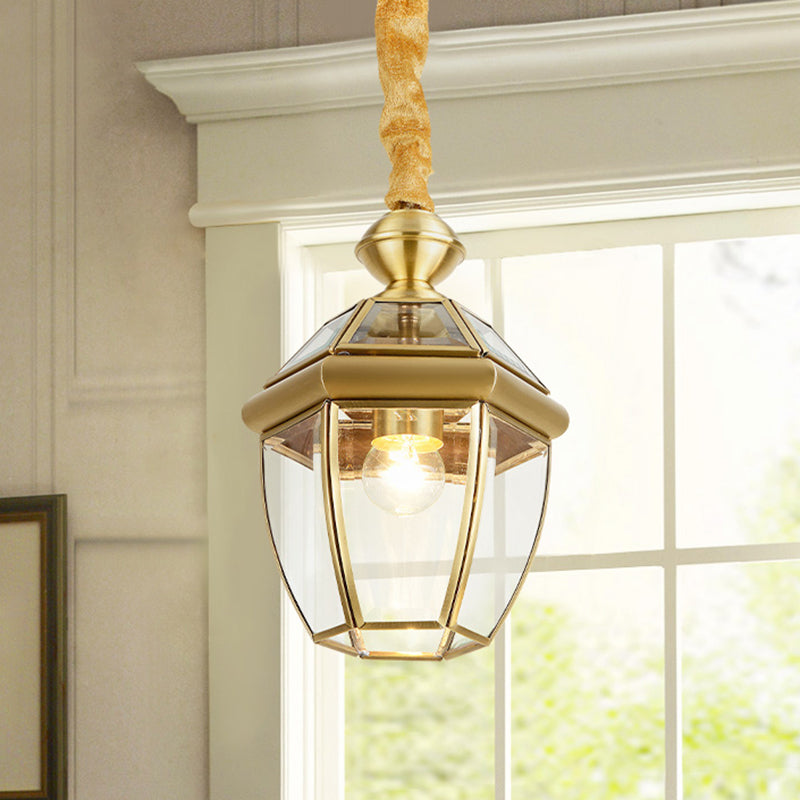 Hexagonal Clear Glass Lantern Pendant Retro 1-Light Foyer Hanging Lamp Kit in Gold Clearhalo 'Ceiling Lights' 'Pendant Lights' 'Pendants' Lighting' 2462684