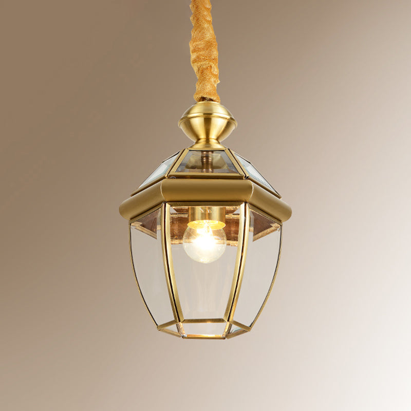 Hexagonal Clear Glass Lantern Pendant Retro 1-Light Foyer Hanging Lamp Kit in Gold Gold Clearhalo 'Ceiling Lights' 'Pendant Lights' 'Pendants' Lighting' 2462685