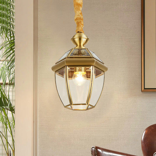 Hexagonal Clear Glass Lantern Pendant Retro 1-Light Foyer Hanging Lamp Kit in Gold Clearhalo 'Ceiling Lights' 'Pendant Lights' 'Pendants' Lighting' 2462686