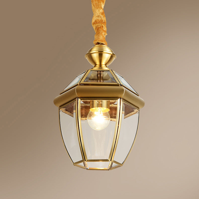 Hexagonal Clear Glass Lantern Pendant Retro 1-Light Foyer Hanging Lamp Kit in Gold Clearhalo 'Ceiling Lights' 'Pendant Lights' 'Pendants' Lighting' 2462687