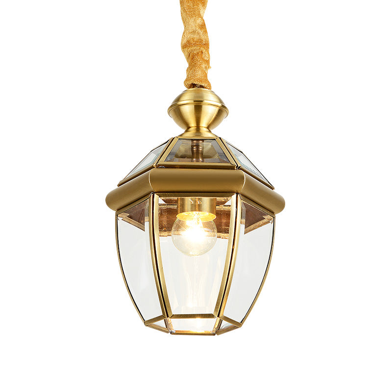 Hexagonal Clear Glass Lantern Pendant Retro 1-Light Foyer Hanging Lamp Kit in Gold Clearhalo 'Ceiling Lights' 'Pendant Lights' 'Pendants' Lighting' 2462688