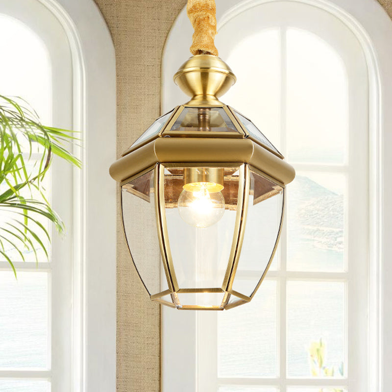 Hexagonal Clear Glass Lantern Pendant Retro 1-Light Foyer Hanging Lamp Kit in Gold Clearhalo 'Ceiling Lights' 'Pendant Lights' 'Pendants' Lighting' 2462689