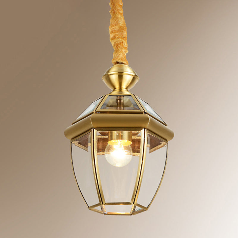 Hexagonal Clear Glass Lantern Pendant Retro 1-Light Foyer Hanging Lamp Kit in Gold Clearhalo 'Ceiling Lights' 'Pendant Lights' 'Pendants' Lighting' 2462690