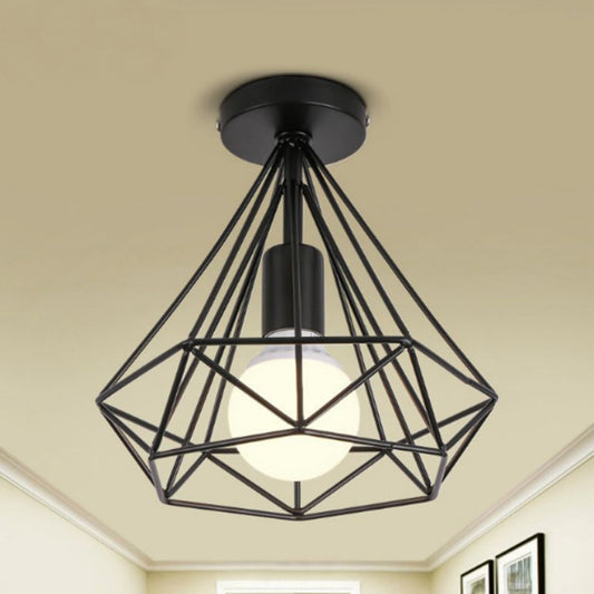 Iron Wire Diamond Ceiling Flush Light Vintage 1-Light Passageway Flush Mount Lamp in Black Black Clearhalo 'Ceiling Lights' 'Close To Ceiling Lights' 'Close to ceiling' 'Flush mount' 'Industrial Flush Mount' Lighting' 2462717