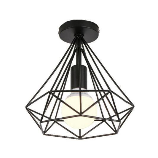 Iron Wire Diamond Ceiling Flush Light Vintage 1-Light Passageway Flush Mount Lamp in Black Clearhalo 'Ceiling Lights' 'Close To Ceiling Lights' 'Close to ceiling' 'Flush mount' 'Industrial Flush Mount' Lighting' 2462721