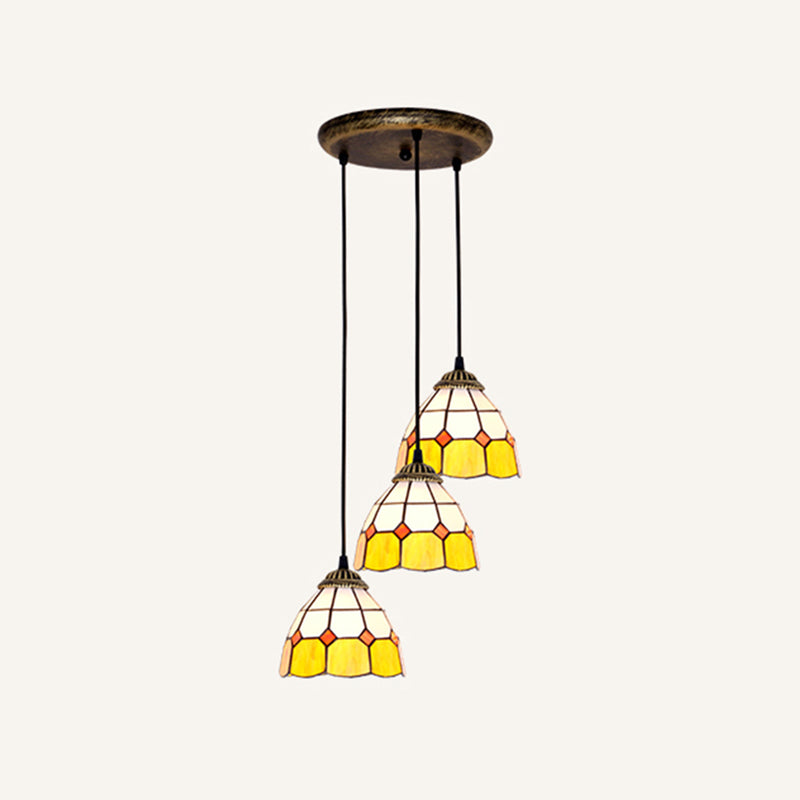 Tapered Stained Glass Cluster Pendant Light Tiffany 3 Lights Suspension Lighting Fixture Gold-Black Yellow Round Clearhalo 'Ceiling Lights' 'Close To Ceiling Lights' 'Glass shade' 'Glass' 'Industrial' 'Middle Century Pendants' 'Pendant Lights' 'Pendants' 'Tiffany close to ceiling' 'Tiffany Pendants' 'Tiffany' Lighting' 2462897