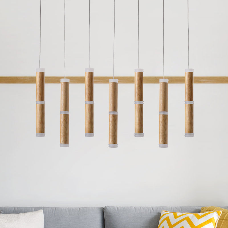 Micro Tube LED Pendant Light Contemplrary Wooden 7/9-Head Dining Room Cluster Ceiling Lamp in Warm/White Light 7 Wood Clearhalo 'Ceiling Lights' 'Pendant Lights' 'Pendants' Lighting' 246293_1e32d781-5b7a-4e77-b4e4-9bcfabda8ddc