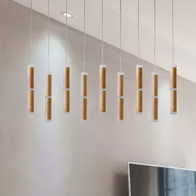 Micro Tube LED Pendant Light Contemplrary Wooden 7/9-Head Dining Room Cluster Ceiling Lamp in Warm/White Light 9 Wood Clearhalo 'Ceiling Lights' 'Pendant Lights' 'Pendants' Lighting' 246296_7518ca61-4c5f-4437-93fd-8129534ef516