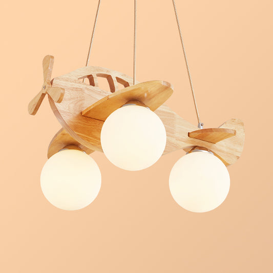 Cartoon Aircraft Pendant Chandelier Wooden 3-Bulb Kids Room Hanging Light with Ball White Glass Shade Clearhalo 'Ceiling Lights' 'Pendant Lights' 'Pendants' Lighting' 2463010