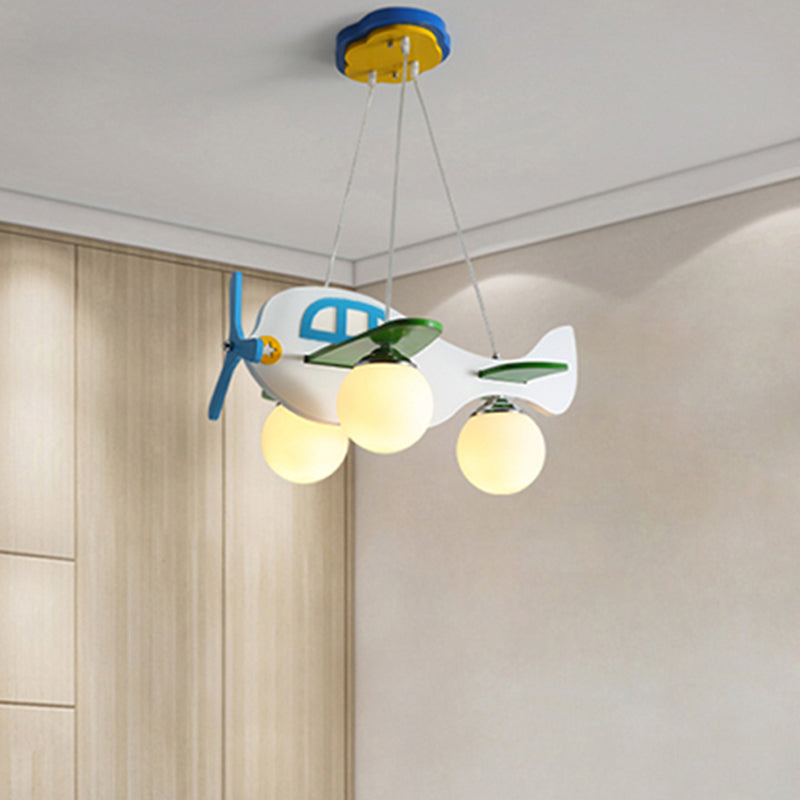 Cartoon Aircraft Pendant Chandelier Wooden 3-Bulb Kids Room Hanging Light with Ball White Glass Shade Clearhalo 'Ceiling Lights' 'Pendant Lights' 'Pendants' Lighting' 2463012