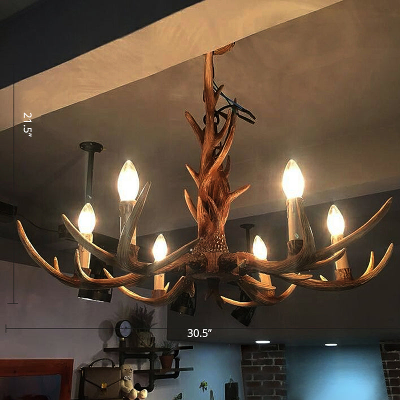 Antler Shaped Living Room Chandelier Countryside Resin Suspended Lighting Fixture 6 Wood Clearhalo 'Ceiling Lights' 'Chandeliers' Lighting' 2463039