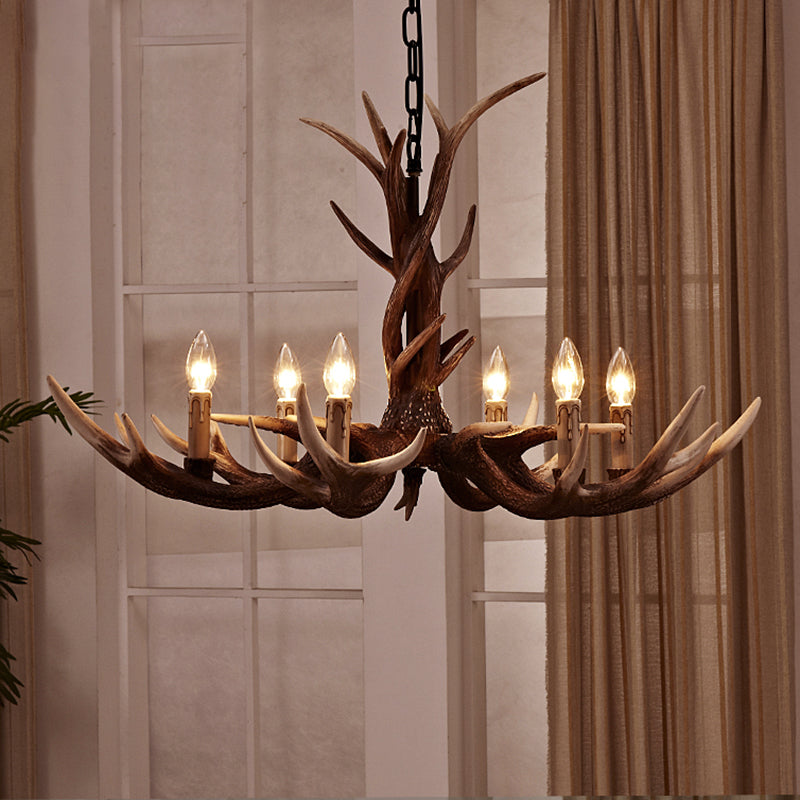 Antler Shaped Living Room Chandelier Countryside Resin Suspended Lighting Fixture 6 Brown Clearhalo 'Ceiling Lights' 'Chandeliers' Lighting' 2463044