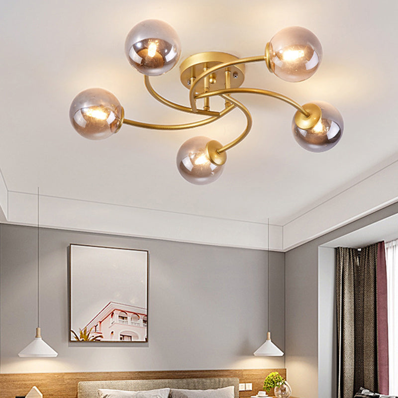 Swirled Metal Semi Flush Light Post-Modern Close to Ceiling Light with Ball Glass Shade Clearhalo 'Ceiling Lights' 'Close To Ceiling Lights' 'Close to ceiling' 'Semi-flushmount' Lighting' 2463073