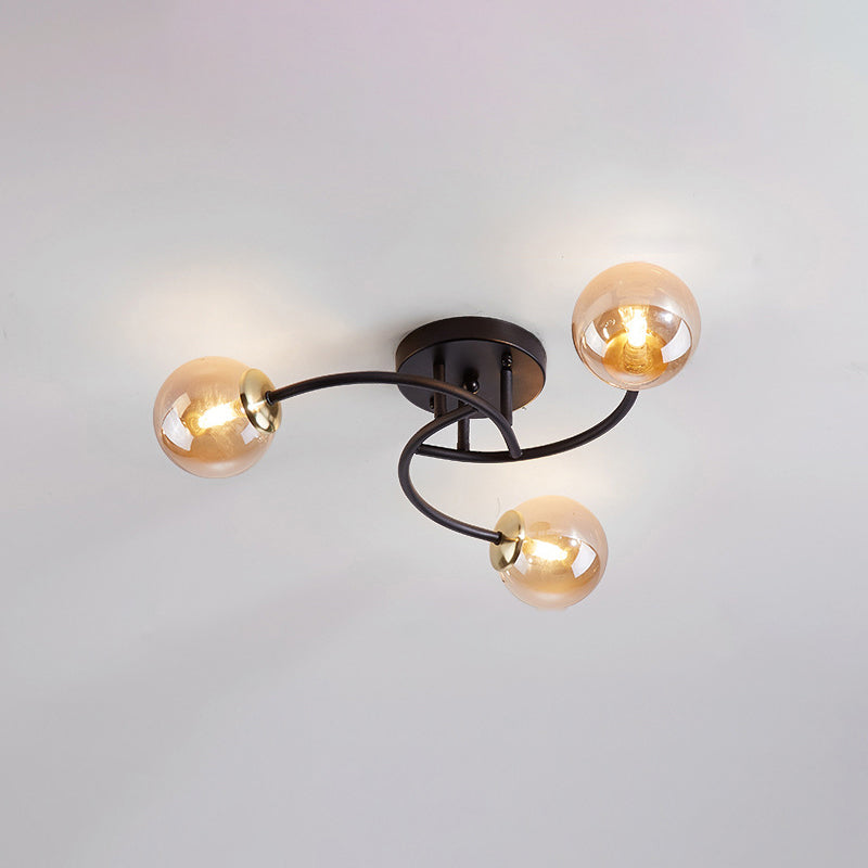 Swirled Metal Semi Flush Light Post-Modern Close to Ceiling Light with Ball Glass Shade 3 Black Cognac Clearhalo 'Ceiling Lights' 'Close To Ceiling Lights' 'Close to ceiling' 'Semi-flushmount' Lighting' 2463074