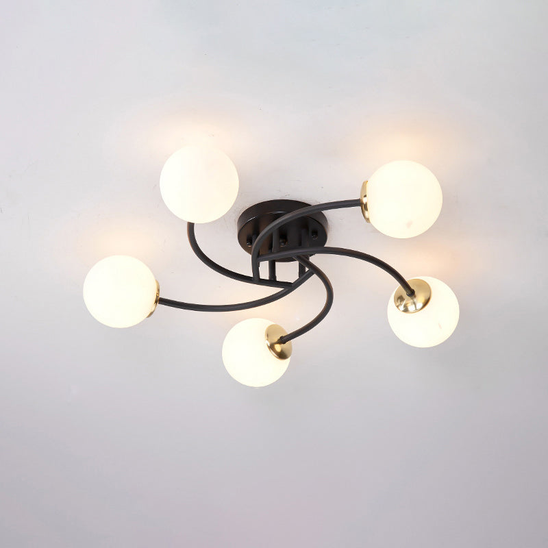 Swirled Metal Semi Flush Light Post-Modern Close to Ceiling Light with Ball Glass Shade 5 Black Milk White Clearhalo 'Ceiling Lights' 'Close To Ceiling Lights' 'Close to ceiling' 'Semi-flushmount' Lighting' 2463075