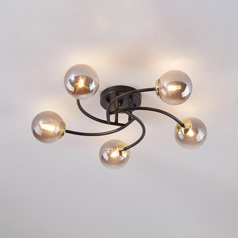 Swirled Metal Semi Flush Light Post-Modern Close to Ceiling Light with Ball Glass Shade 5 Black Smoke Grey Clearhalo 'Ceiling Lights' 'Close To Ceiling Lights' 'Close to ceiling' 'Semi-flushmount' Lighting' 2463077