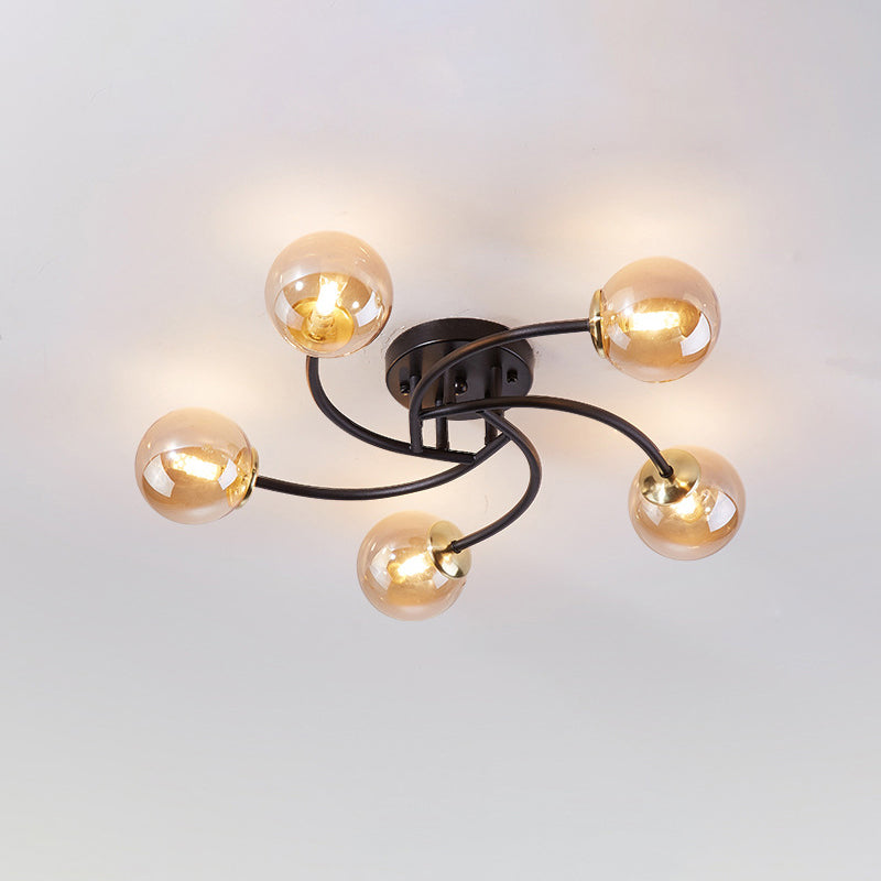 Swirled Metal Semi Flush Light Post-Modern Close to Ceiling Light with Ball Glass Shade 5 Black Cognac Clearhalo 'Ceiling Lights' 'Close To Ceiling Lights' 'Close to ceiling' 'Semi-flushmount' Lighting' 2463086