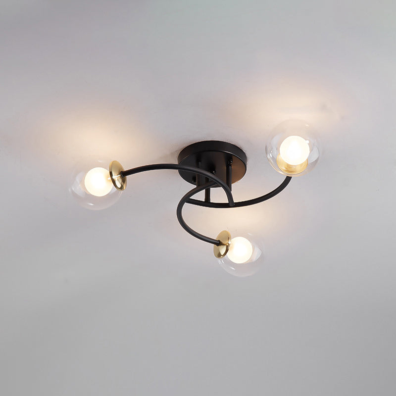 Swirled Metal Semi Flush Light Post-Modern Close to Ceiling Light with Ball Glass Shade 3 Black Clear Clearhalo 'Ceiling Lights' 'Close To Ceiling Lights' 'Close to ceiling' 'Semi-flushmount' Lighting' 2463097