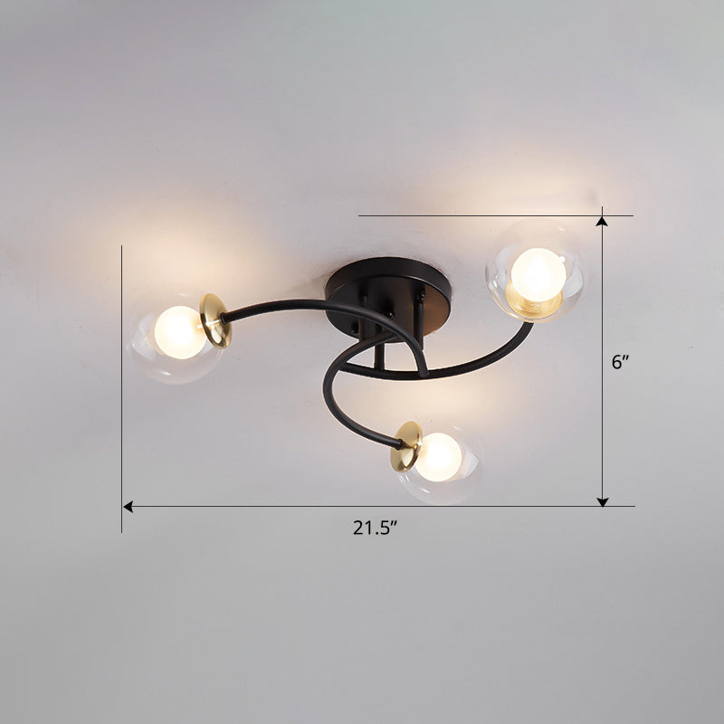 Swirled Metal Semi Flush Light Post-Modern Close to Ceiling Light with Ball Glass Shade Clearhalo 'Ceiling Lights' 'Close To Ceiling Lights' 'Close to ceiling' 'Semi-flushmount' Lighting' 2463106