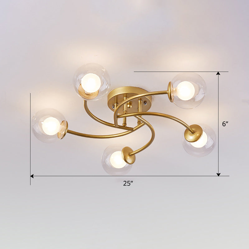 Swirled Metal Semi Flush Light Post-Modern Close to Ceiling Light with Ball Glass Shade Clearhalo 'Ceiling Lights' 'Close To Ceiling Lights' 'Close to ceiling' 'Semi-flushmount' Lighting' 2463107