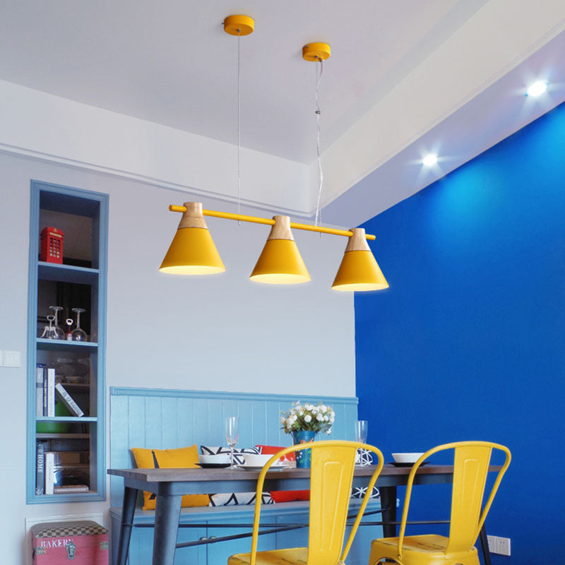 Conical over Island Lighting Macaron Metal 3 Bulbs Restaurant Hanging Light Fixture Yellow Clearhalo 'Ceiling Lights' 'Island Lights' Lighting' 2463123