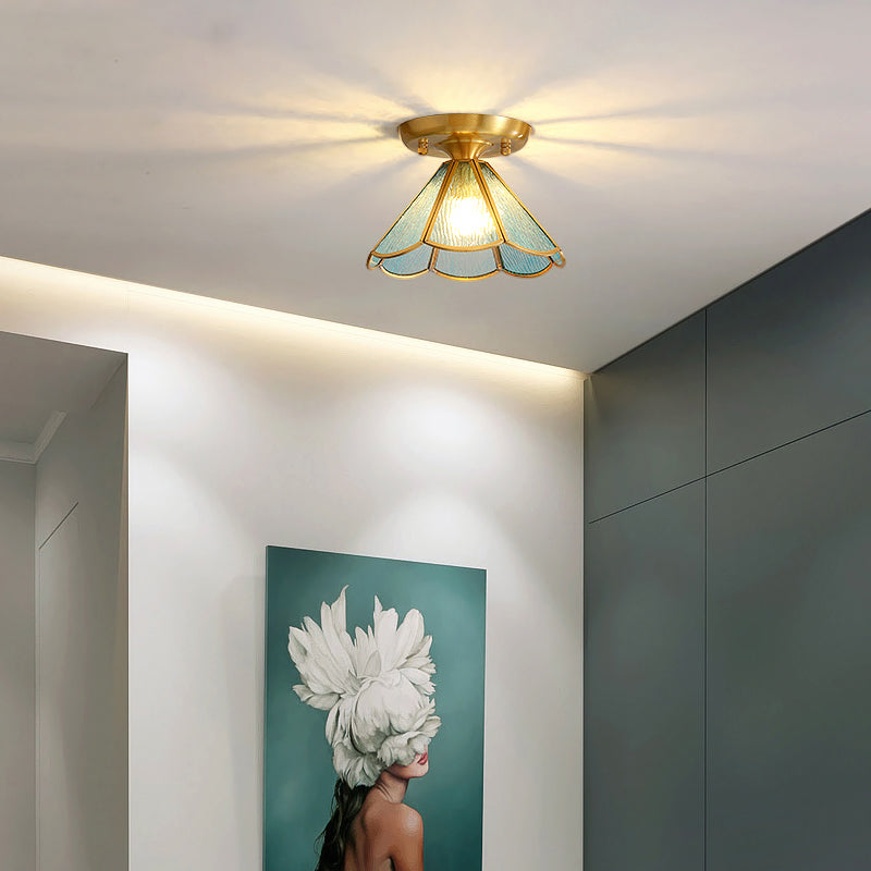 Tiffany Floral Semi Mount Lighting 1-Light Glass Ceiling Flush Light in Brass for Hallway Clearhalo 'Ceiling Lights' 'Close To Ceiling Lights' 'Close to ceiling' 'Pendant Lights' 'Semi-flushmount' 'Tiffany close to ceiling' 'Tiffany' Lighting' 2463204