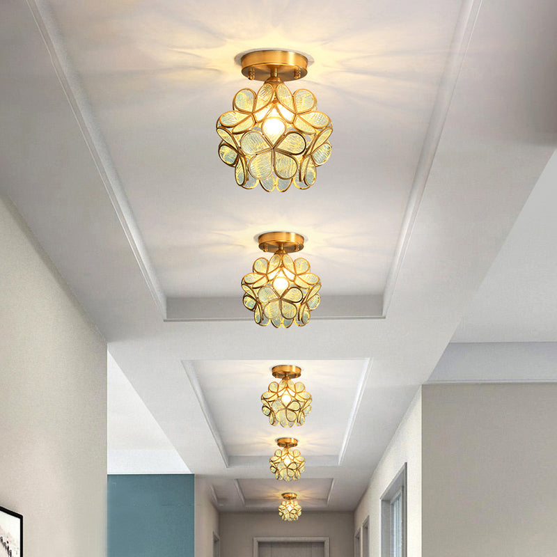 Tiffany Floral Semi Mount Lighting 1-Light Glass Ceiling Flush Light in Brass for Hallway Clearhalo 'Ceiling Lights' 'Close To Ceiling Lights' 'Close to ceiling' 'Pendant Lights' 'Semi-flushmount' 'Tiffany close to ceiling' 'Tiffany' Lighting' 2463207