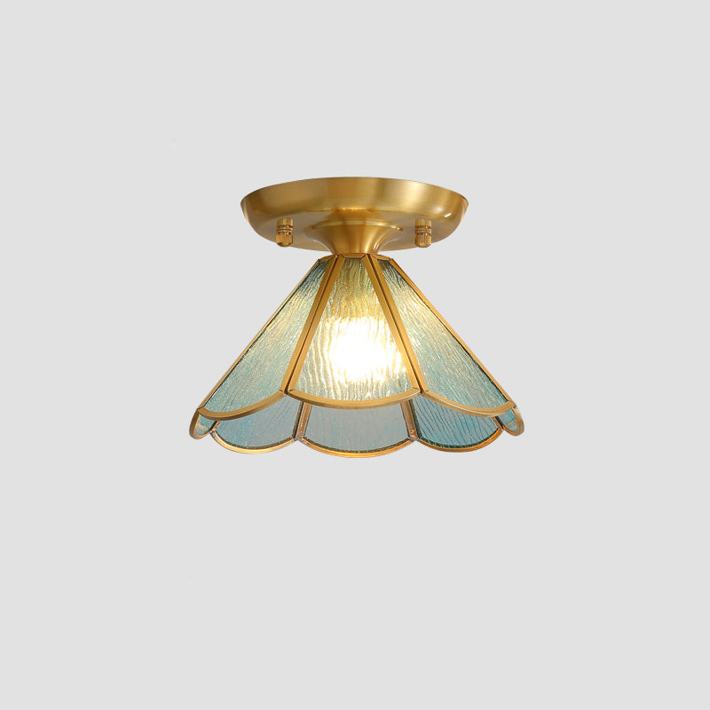 Tiffany Floral Semi Mount Lighting 1-Light Glass Ceiling Flush Light in Brass for Hallway Light Blue Clearhalo 'Ceiling Lights' 'Close To Ceiling Lights' 'Close to ceiling' 'Pendant Lights' 'Semi-flushmount' 'Tiffany close to ceiling' 'Tiffany' Lighting' 2463212