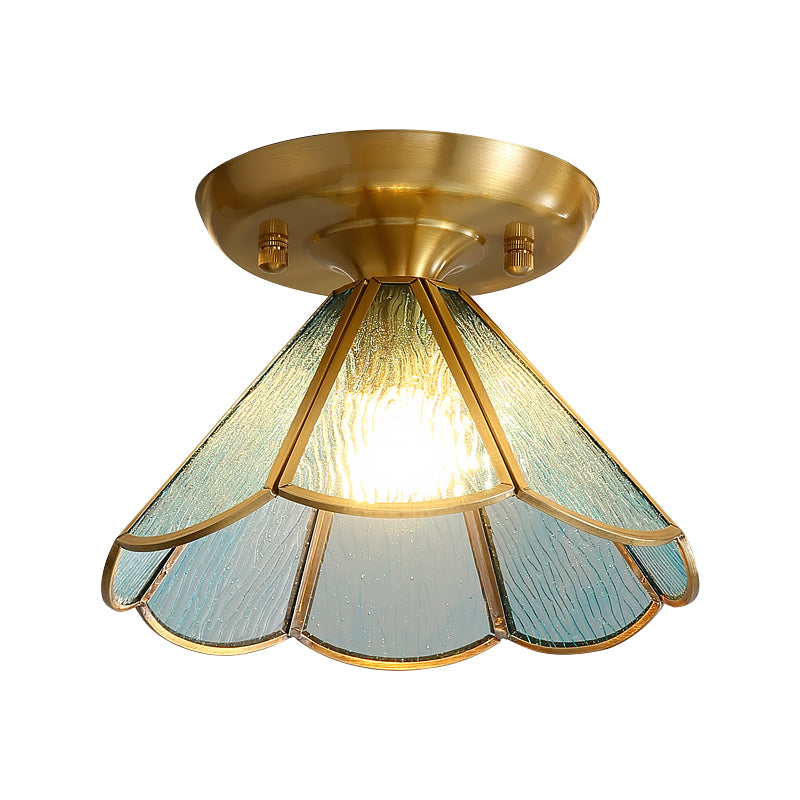 Tiffany Floral Semi Mount Lighting 1-Light Glass Ceiling Flush Light in Brass for Hallway Clearhalo 'Ceiling Lights' 'Close To Ceiling Lights' 'Close to ceiling' 'Pendant Lights' 'Semi-flushmount' 'Tiffany close to ceiling' 'Tiffany' Lighting' 2463213