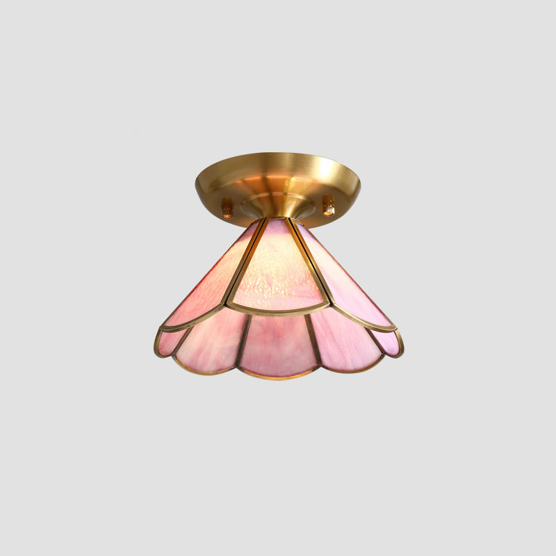 Tiffany Floral Semi Mount Lighting 1-Light Glass Ceiling Flush Light in Brass for Hallway Peach Clearhalo 'Ceiling Lights' 'Close To Ceiling Lights' 'Close to ceiling' 'Pendant Lights' 'Semi-flushmount' 'Tiffany close to ceiling' 'Tiffany' Lighting' 2463216