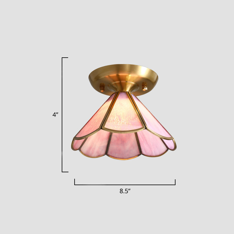 Tiffany Floral Semi Mount Lighting 1-Light Glass Ceiling Flush Light in Brass for Hallway Clearhalo 'Ceiling Lights' 'Close To Ceiling Lights' 'Close to ceiling' 'Pendant Lights' 'Semi-flushmount' 'Tiffany close to ceiling' 'Tiffany' Lighting' 2463223