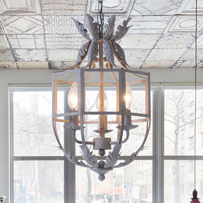 Grey/White/Gold Bird Cage Chandelier Lighting Rustic Metal 3 Bulbs Pendant Light Fixture for Living Room Clearhalo 'Ceiling Lights' 'Chandeliers' Lighting' options 246363