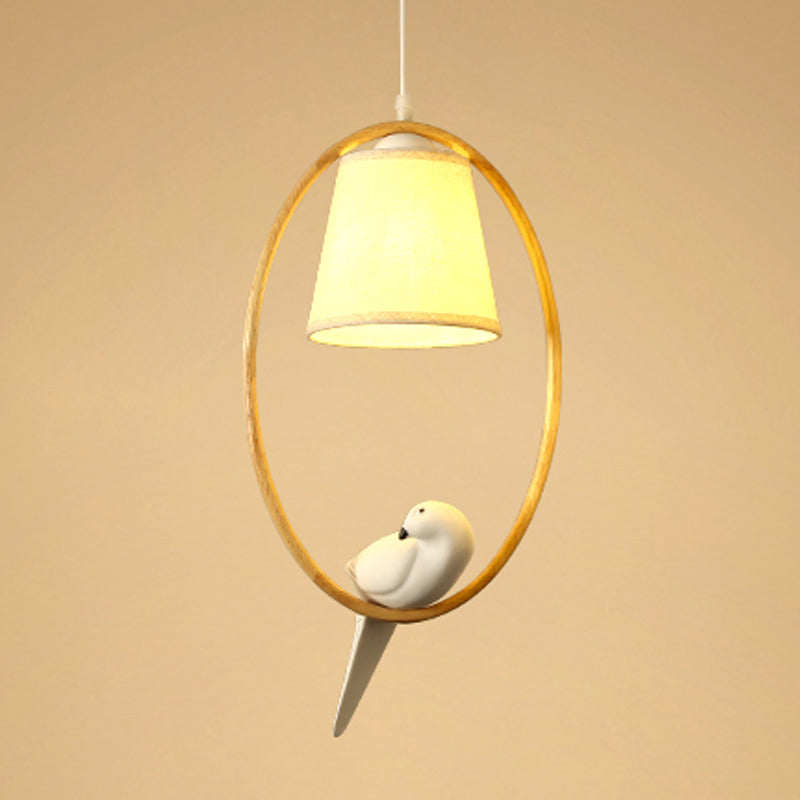 Cone Fabric Hanging Lighting Contemporary 1/3 Lights White Pendant Lamp Fixture with Wood Ring and Resin Bird 1 White Clearhalo 'Ceiling Lights' 'Modern Pendants' 'Modern' 'Pendant Lights' 'Pendants' Lighting' 246371