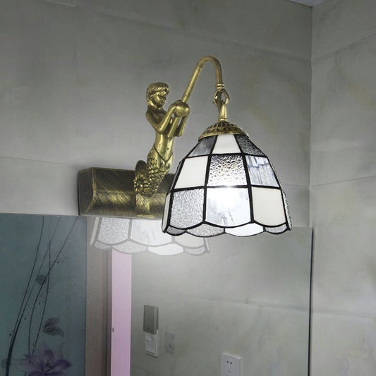 1 Head Dome Vanity Sconce Light Tiffany White/Blue Glass Wall Mounted Light with Mermaid Backplate White Clearhalo 'Industrial' 'Middle century wall lights' 'Tiffany wall lights' 'Tiffany' 'Wall Lamps & Sconces' 'Wall Lights' Lighting' 24638